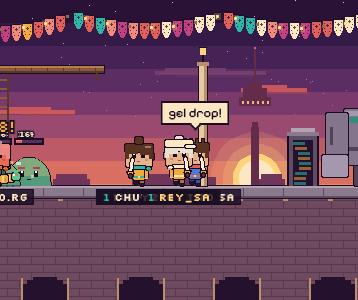 Several players standing on the plaza with name tags and a chat bubble that says gel drop