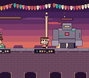 A hero facing a large grey golem robot with its health bar above it